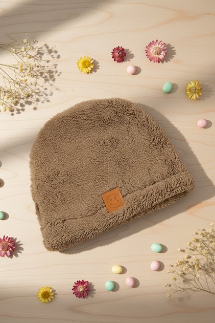 Children's Plush Beanie with Smiling Face Sticker Newborn Baby Welsoft Windproof Hat Winter Plush Beanie