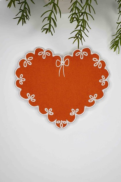 Heart Shape Orange Fabric White Embroidered Cloth Cocktail Napkin 1 Piece