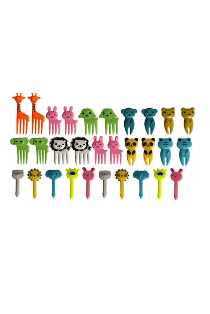 Set de mini furculițe pentru decorarea torturilor pentru copii, 30 de piese, model cu animale, La mulți ani,