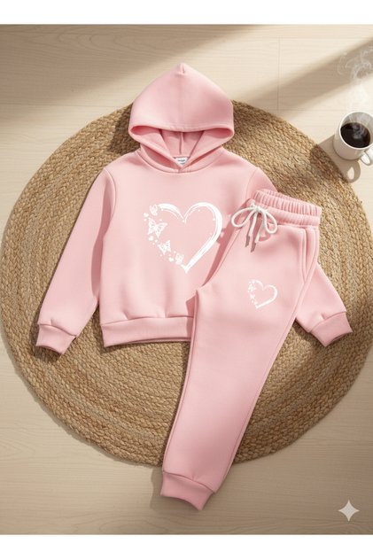 Butterfly Heart Printed Premium Kids Hooded Premium Compact Sweatshirt Tracksuit with Pockets and Drawstring