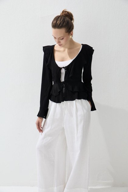 Women's Black Front Tie Ruffle Blouse