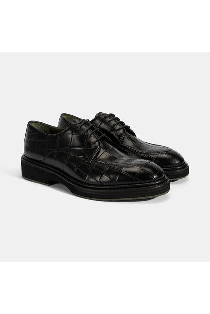 Men's Black Laced Crocodile Printed Leather Classic Shoes