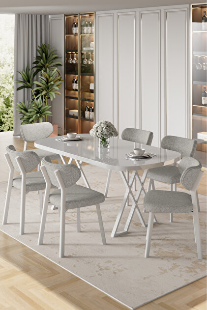 Canisa Axton Serisi Sabit Mdf 90x168 Beyaz Mutfak Masa Takımı 6