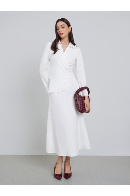 White Solid A-Line Midi Dress