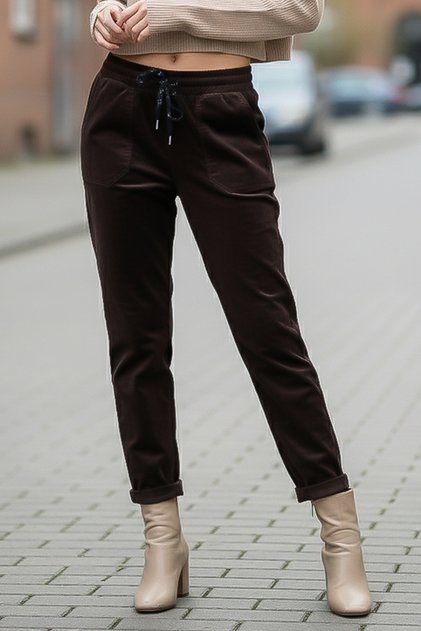 Brown Pocketed Elastic and Tie-Waist Jogger Leg Casual Velvet Woven Trousers 100 60