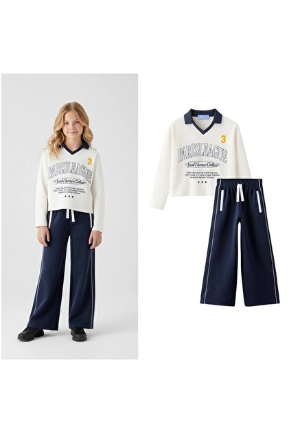 Hei Navy Blue Slogan Polo Neck T-Shirt Wide Sweatpants Bottom Top Set Girl Child