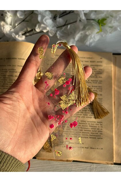 4 Adet Gerçek Kurutulmuş Çiçekli Altın Varaklı Plastik Kitap Ayracı