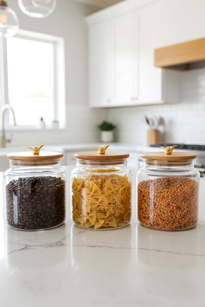 Set of 3 Glass Jars with Bamboo Lids and Metal Bird Figures - Storage Container 635Cc