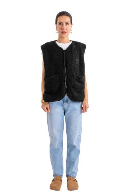 Coredra Zippered Plush Vest - C602- Trendyol