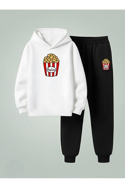 Children Hooded Set Pop Corn Printed 3 Thread Ş Fleece-Lined Sweatshirt - Sweatpants Set