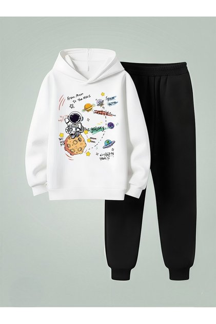 Children Hooded Set Space Tralel Printed 3 Thread Ş Fleece-Lined Sweatshirt - Tracksuit Set