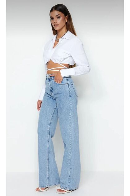 Julia 90's Snow Wash Blue Stretch Fabric Super High Waist Relaxed Jeans Palazzo Pants