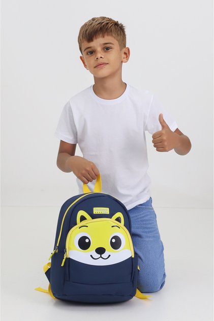 Navy Blue Kindergarten Nursery Bag with Fox Figure, 4 Compartments, Boys and Girls Children's Backpack
