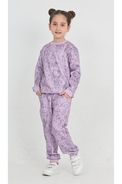 New Season Winter Inner Fleece Batik Pattern Purple-Green-Grey-Pink Colors Bottom Top Set for Girls and Boys
