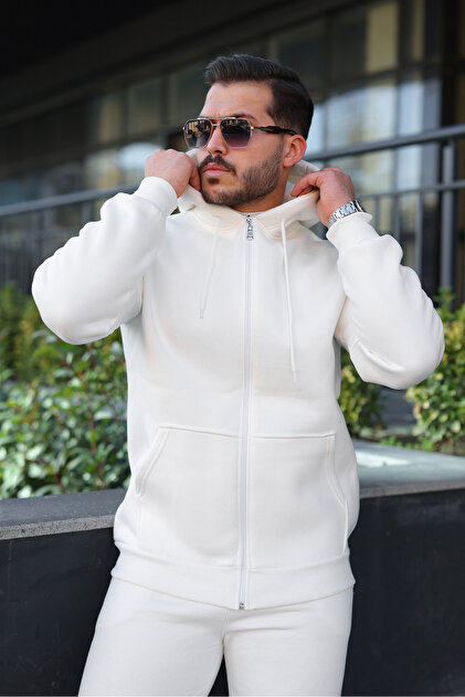 3 Thread Hooded Zippered Sweatshirt with Fleece Inside Relax Fit Comfortable Cut Cotton Double Pockets