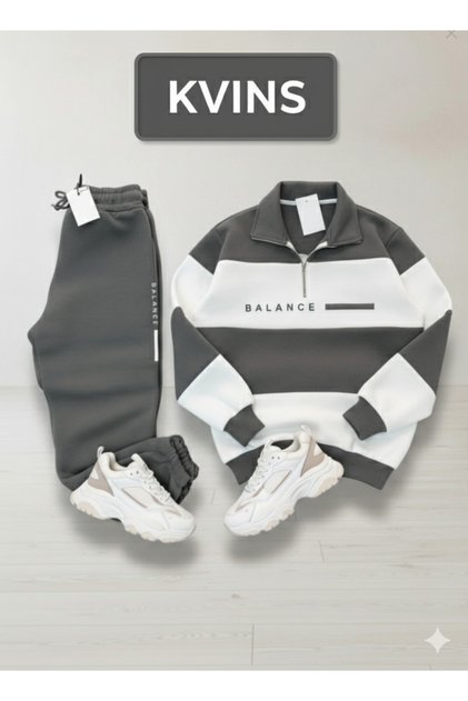 Duman Gri Unisex Oversize Yarım Fermuarlı Pamuklu Eşofman Takımı|Polo Yaka Sweatshirt & Eşofman Altı
