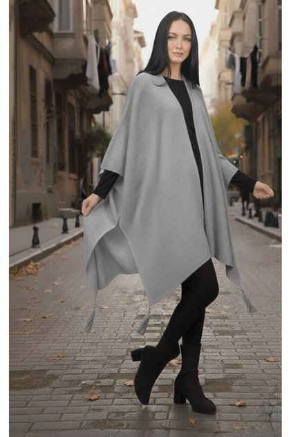 Women's Fringe Detailed Oversized Knitwear Poncho Seasonal Shawl Cardigan (Soft Textured)