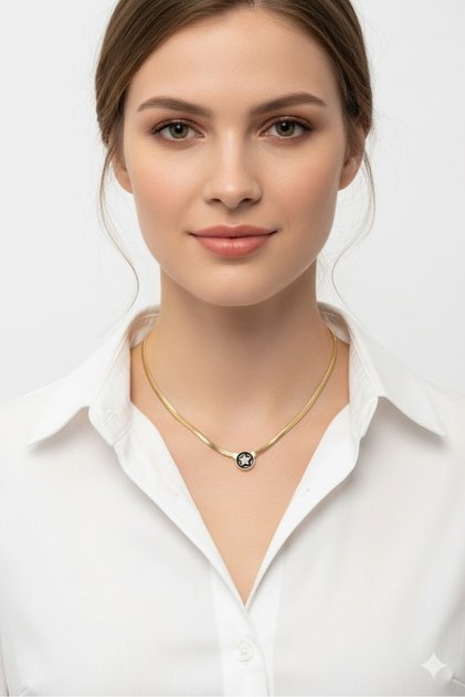 Serenay Necklace with Chain Brass Gold Color Star Model Black Enamel | Stylish and Durable Jewelry
