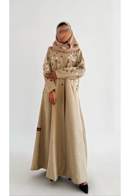Beige embroidered linen abaya