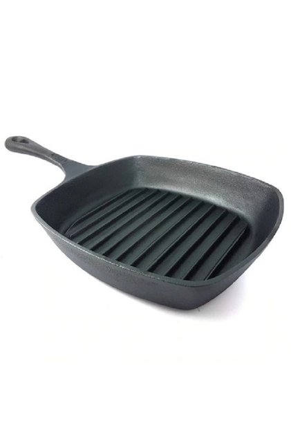 Tigaie grill din fontă pură 26x5 cm compatibilă cu toate sursele de căldură, neagră