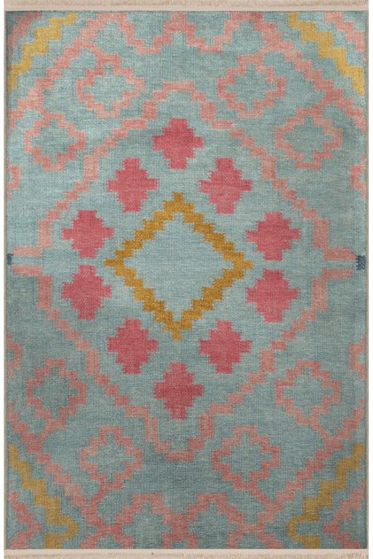 Blue and Pink Themed Motif Geometric Patterned Fringed Vintage Decorative Carpet Berlin-33-3132