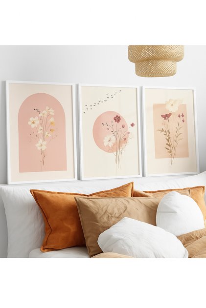 Laminated Framed Pvc Protected 3-Piece Pink Flower Pattern Decorative Uv Printing Mdf Wall Painting Set