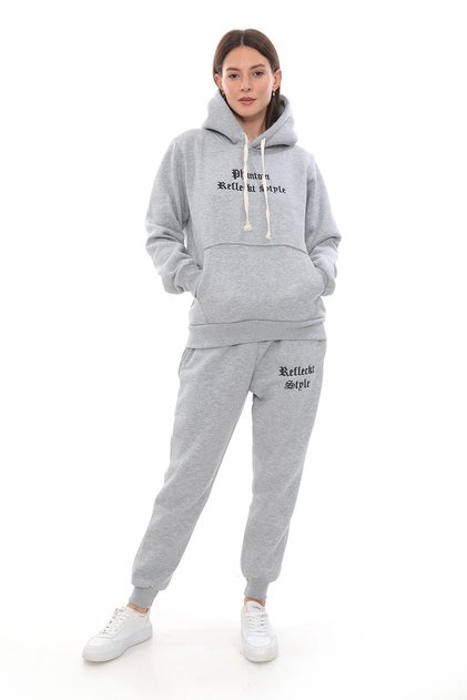 Gray Fleece Stylish Women's Tracksuit Set with Elasticated Legs and Pockets Hooded Embroidery Detail Compact Set