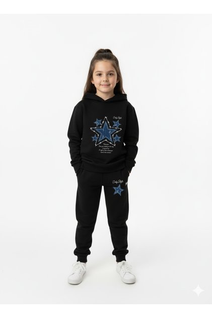 Yıldız Printed Premium Children's Hooded Premium Compact Sweatshirt Tracksuit Set with Pockets and Drawstrings