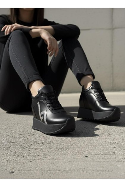 Velenia Leather Black Hidden Heel Sneakers