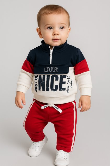 Baby Boy Navy Blue Red Colored Printed Sweat Set