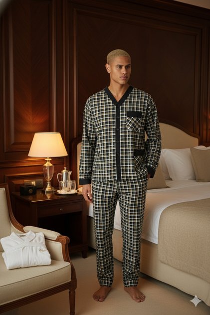 New Season V-Neck Luxury Design Checkered Pajama Set