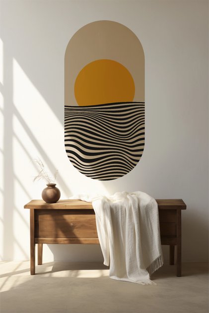 Bohem Tarzı Güneş ve Dalga Desenli Duvar Sticker – Modern Minimalist Kendinden Yapışkanlı Mat Folyo