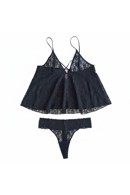 Kadın Çapraz Askı Detaylı Siyah Renk Dantel Baybdoll String 2 li Set BB2054
