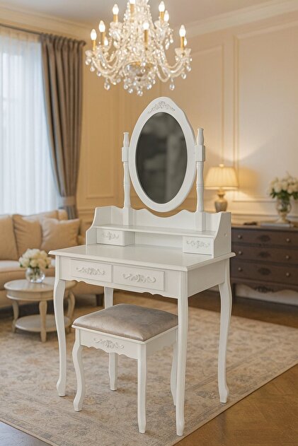 Masă de toaletă vintage cu oglindă ovală și scaun – Model Elegance White