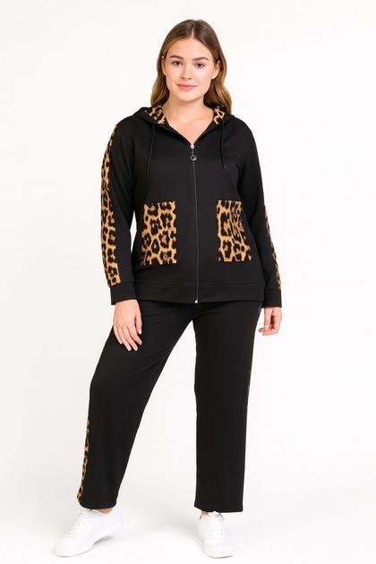 Women's Plus Size Black, Leopard Detailed, Hooded Tracksuit Set 65N39254