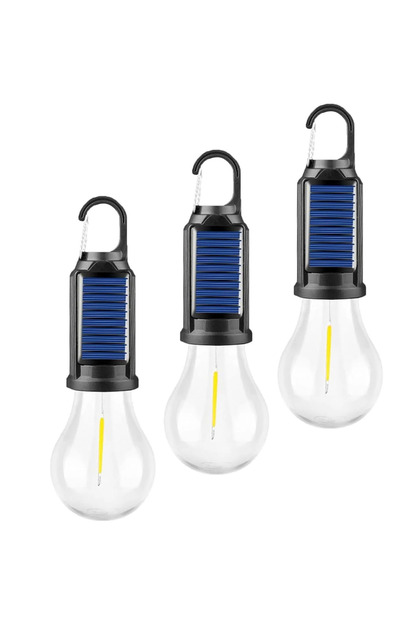 Set de 3 lămpi solare LED pentru camping, reîncărcabile, USB – Becuri portabile cu cârlige pentru cort, drumeții și