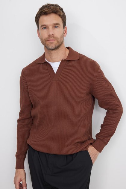 Men's Standard Fit Regular Cut Cotton Polo V-Neck Brown Sweater