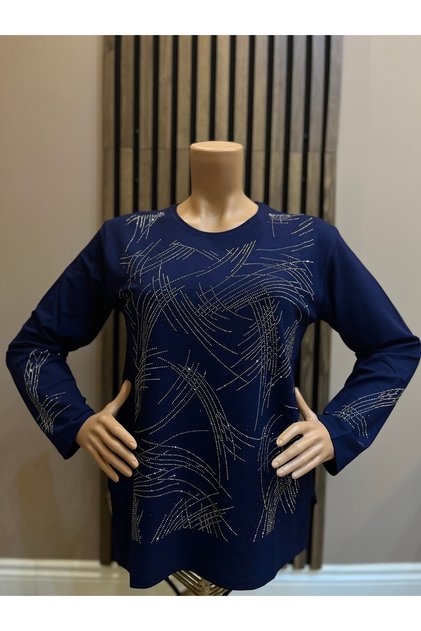 Women's Medium and Older Ages Panel Patterned Stony Navy Blue Mother Combed Cotton Blouse
