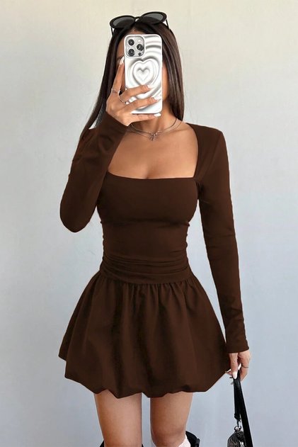 Square Neck Side Gathered Balloon Skirt Long Sleeve Brown Mini Dress