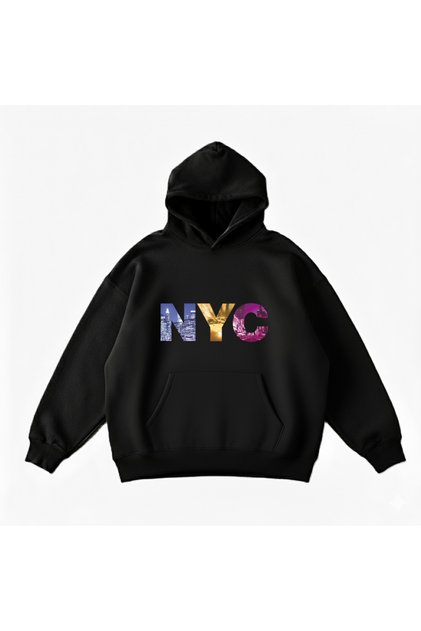 Makiteks Black Cotton Unisex Pocketed Hooded Relaxed Fit New York City Nyc Printed Sweatshirt