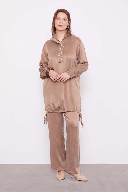 Mink Mock Neck Button Detailed Cupra Double Suit