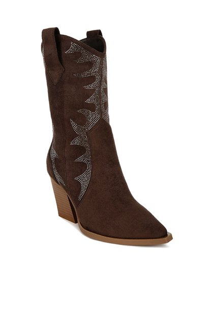Women Rhinestones Embellished Calf Boots in Brown