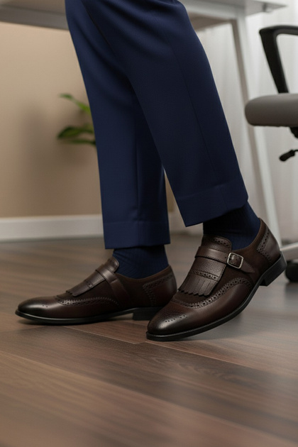Neolit Sole Modern Design Single Buckle Detailed Genuine Leather Classic Men's Shoes