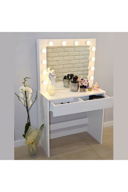 Тоалетка и масичка за грим Холивуд, бяла, с огледало и 12 LED диода, 80x40x140 см