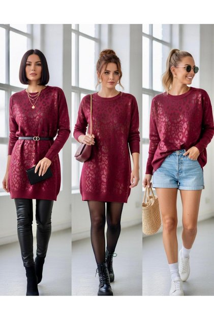 Leopar Jakar Detaylı Merserize Bordo Tunik Kazak