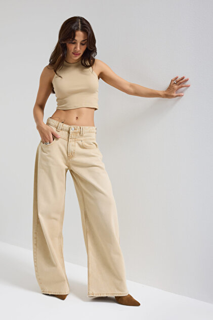 Women's Beige Stone Color 4w5-142 Low Rise Palazzo Fit 100% Cotton Denim Jeans