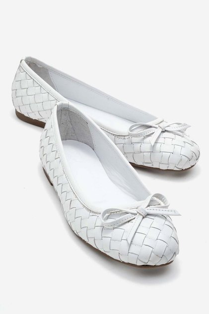 Preslie Women's Genuine Leather Ballet Flats White Hand Knitted - Color-Match Leather Lining
