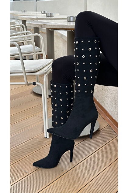 Jolie Suede Studded Detailed Heeled Boots