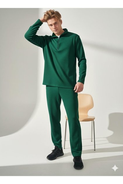 Unisex Corded Fabric Shirt Collar Zippered Pocket Elastic Waist Knitwear Bottom Top Set