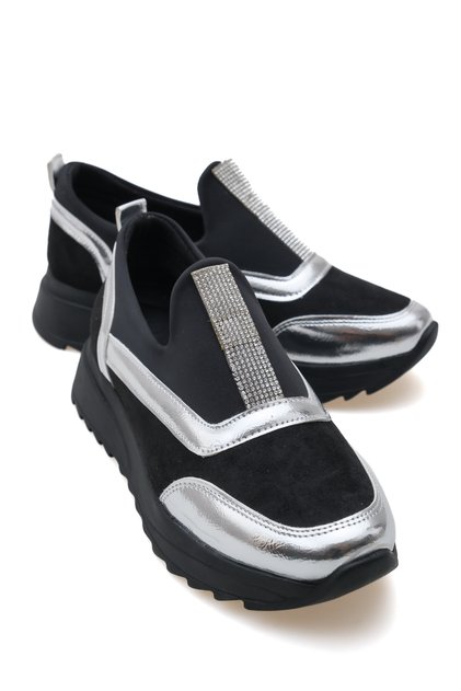 Chiara Laurent Black Leather Laceless Thick Sole Metallic Detailed Stoned Casual Sports Shoes